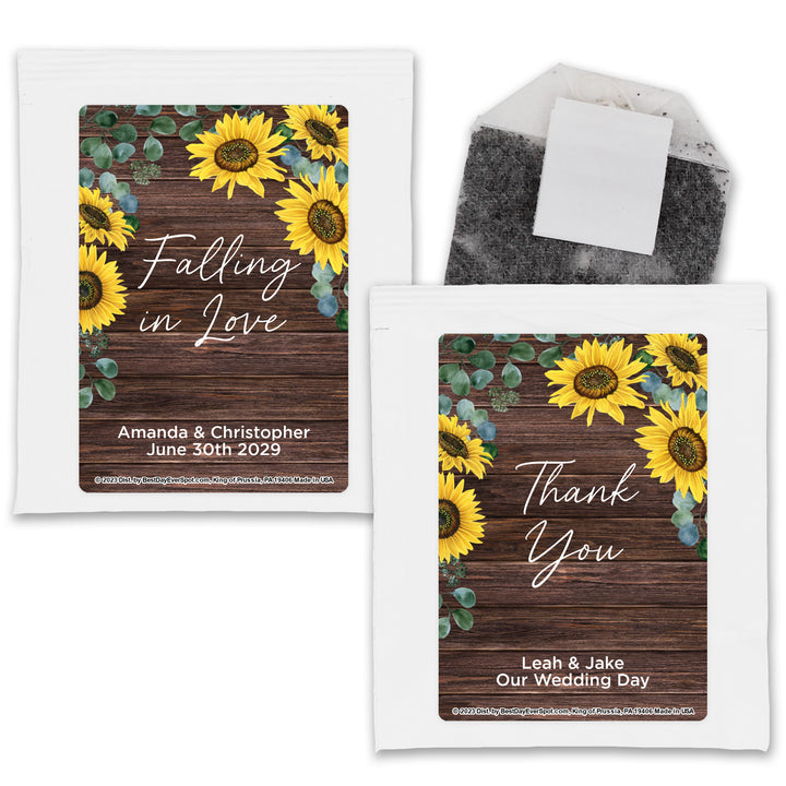 Personalized Wedding Tea Bags, Bridal Shower Tea Party, Rustic Sunflower Themed Tea Bags