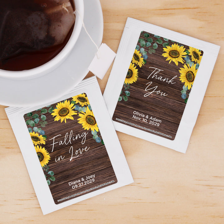 Personalized Wedding Tea Bags, Bridal Shower Tea Party, Rustic Sunflower Themed Tea Bags
