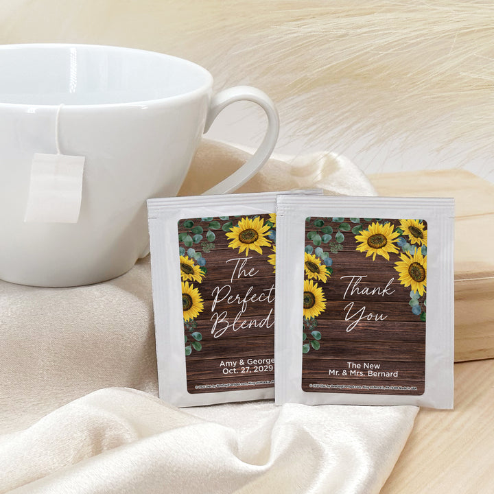 Personalized Wedding Tea Bags, Bridal Shower Tea Party, Rustic Sunflower Themed Tea Bags