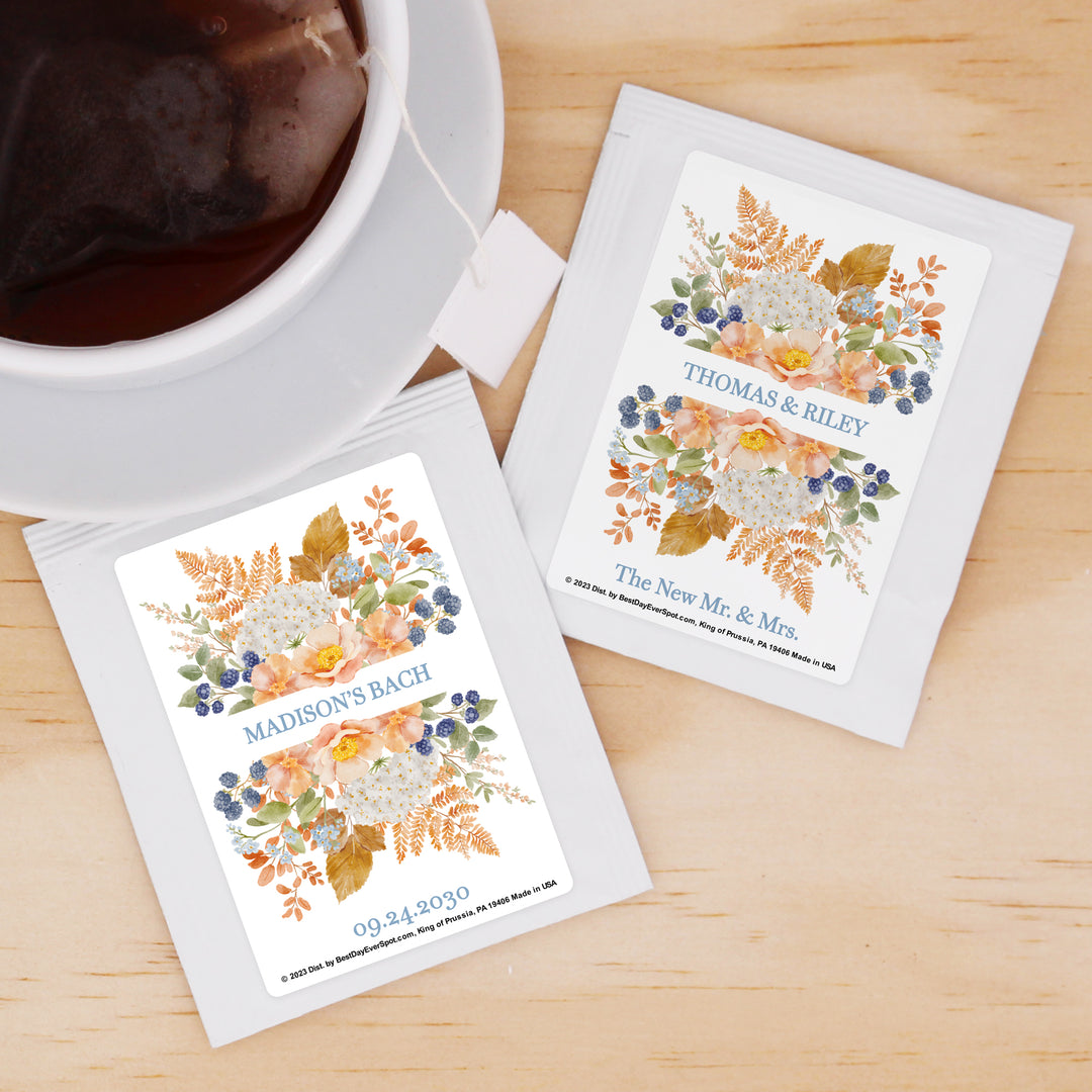 The Perfect Blend Tea Wedding Favors, Fall Bridal Shower Tea Party, Peach &amp; Blue Florals
