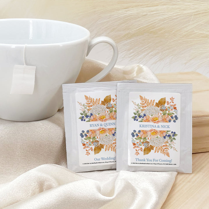The Perfect Blend Tea Wedding Favors, Fall Bridal Shower Tea Party, Peach &amp; Blue Florals