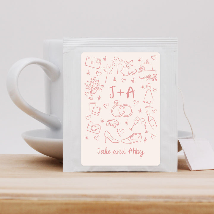 Wedding Favor Personalized Tea Bags, Hand Drawn Wedding Icon Pattern Sketch