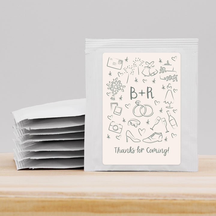 Wedding Favor Personalized Tea Bags, Hand Drawn Wedding Icon Pattern Sketch