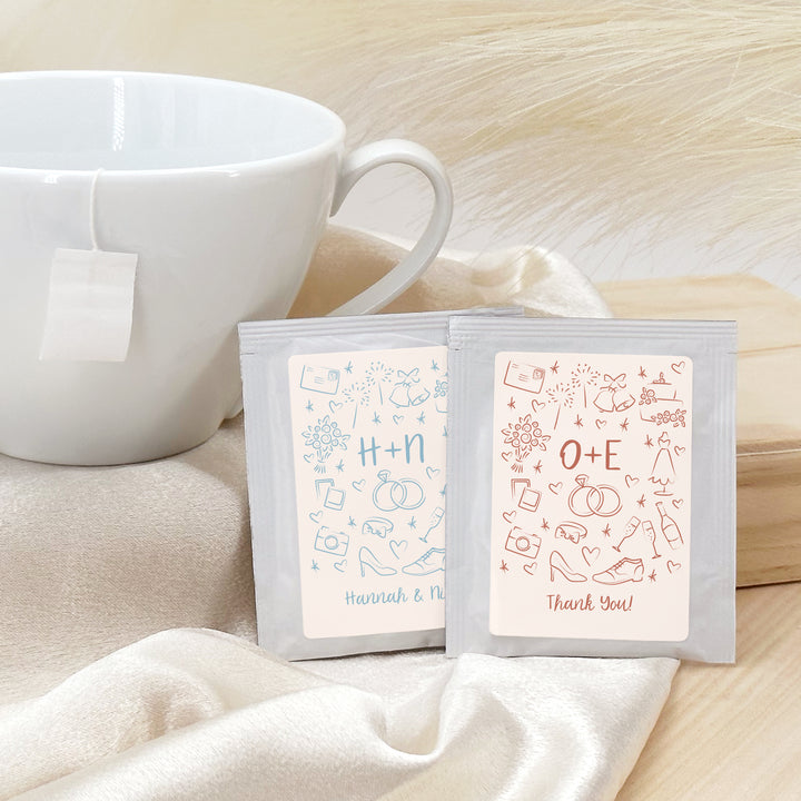 Wedding Favor Personalized Tea Bags, Hand Drawn Wedding Icon Pattern Sketch