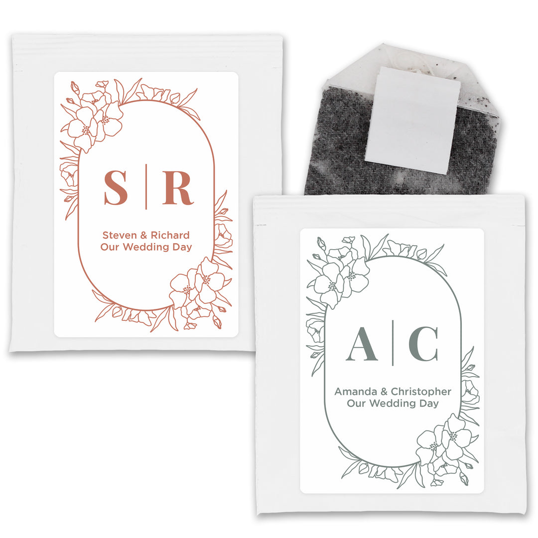 Wedding Favor Personalized Tea Bags, Floral Line Drawing