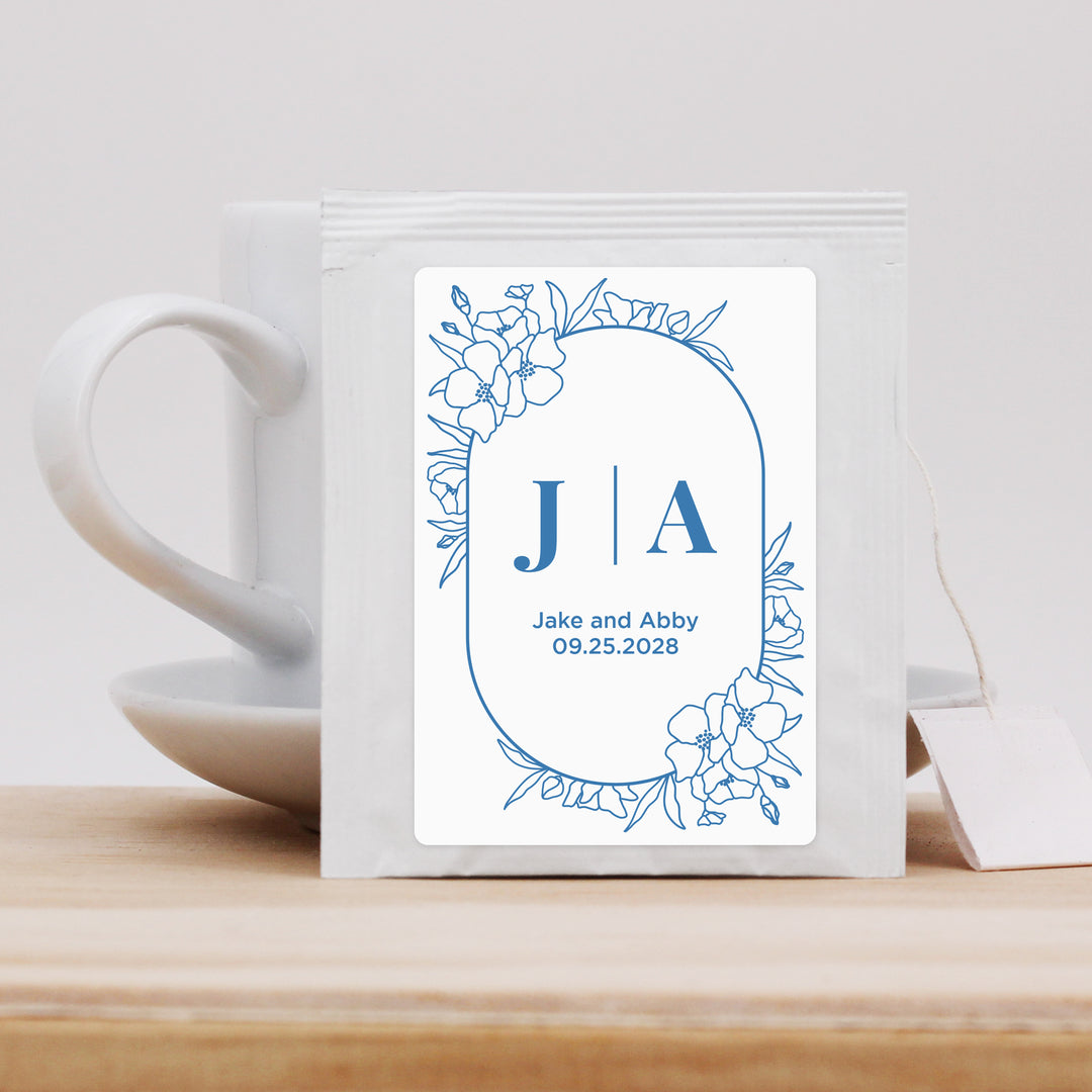 Wedding Favor Personalized Tea Bags, Floral Line Drawing