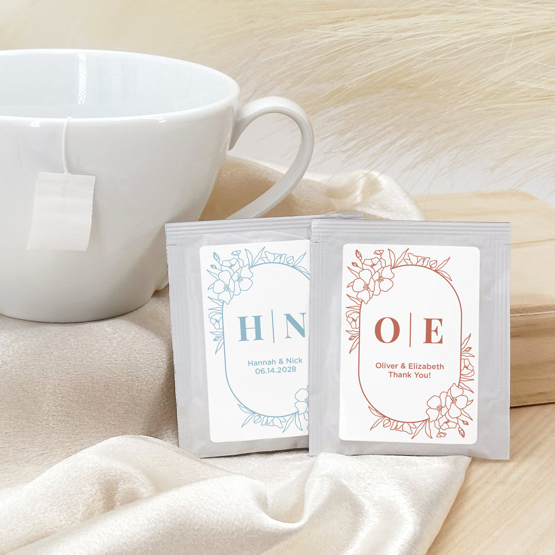Wedding Favor Personalized Tea Bags, Floral Line Drawing