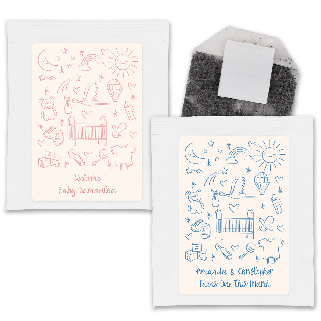 Baby Shower Favor Personalized Tea Bags, Hand Drawn Baby Shower Icon Pattern Sketch