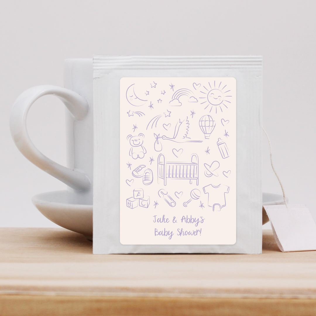 Baby Shower Favor Personalized Tea Bags, Hand Drawn Baby Shower Icon Pattern Sketch
