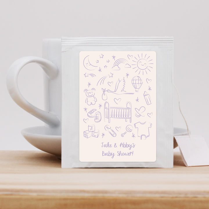 Baby Shower Favor Personalized Tea Bags, Hand Drawn Baby Shower Icon Pattern Sketch