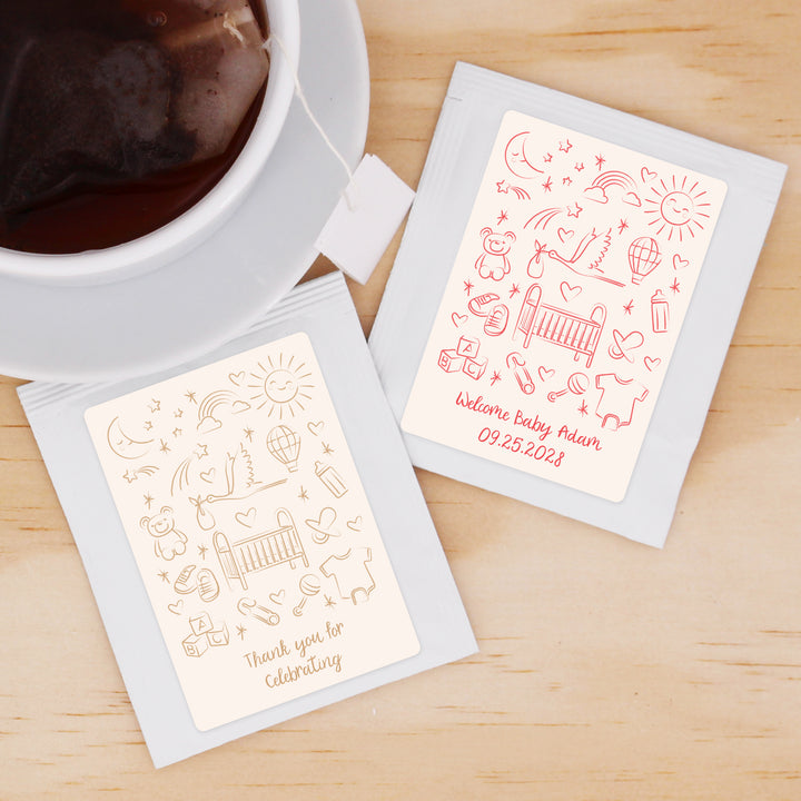 Baby Shower Favor Personalized Tea Bags, Hand Drawn Baby Shower Icon Pattern Sketch