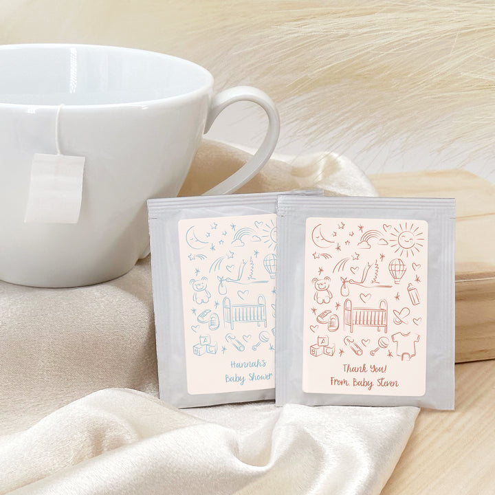 Baby Shower Favor Personalized Tea Bags, Hand Drawn Baby Shower Icon Pattern Sketch