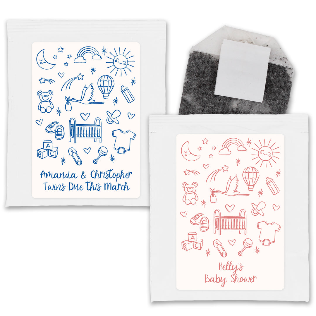 Baby Shower Favor Personalized Tea Bags, Hand Drawn Baby Shower Icon Pattern Sketch