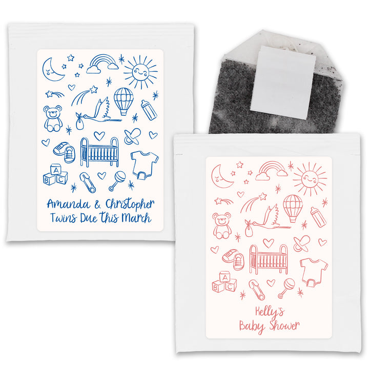 Baby Shower Favor Personalized Tea Bags, Hand Drawn Baby Shower Icon Pattern Sketch