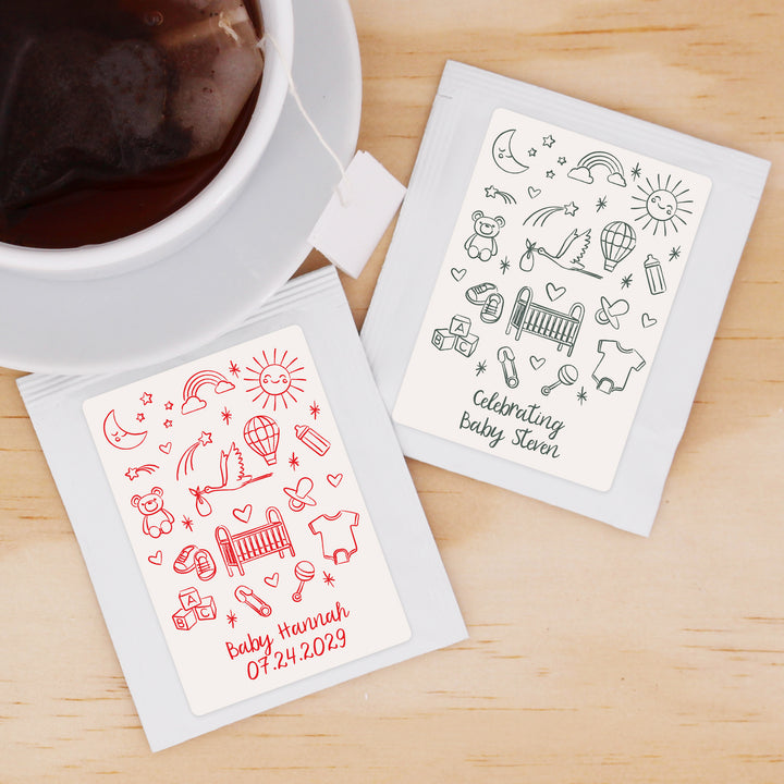 Baby Shower Favor Personalized Tea Bags, Hand Drawn Baby Shower Icon Pattern Sketch