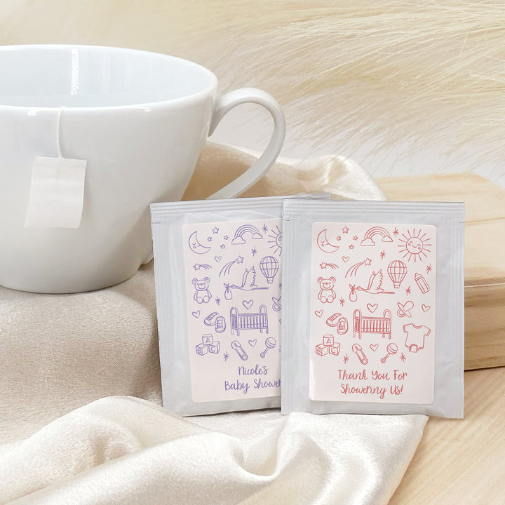 Baby Shower Favor Personalized Tea Bags, Hand Drawn Baby Shower Icon Pattern Sketch