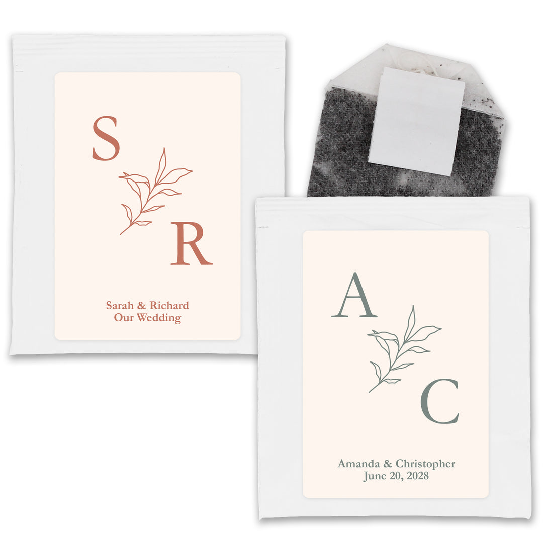 Wedding Favor Personalized Tea Bags, Wedding Initials, Botanical Monogram Tea
