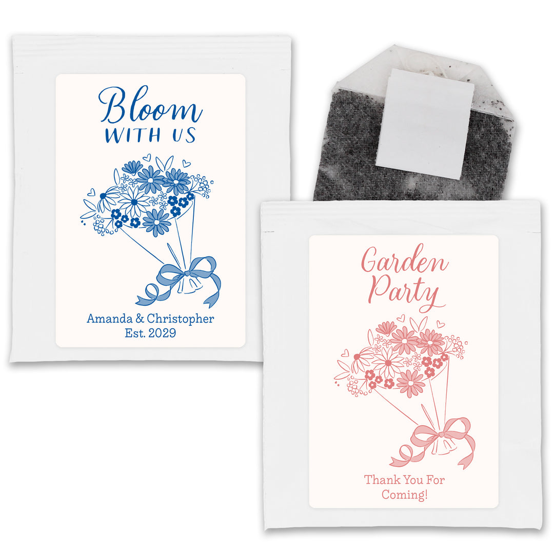 Love in Bloom Wedding Favor Tea, Bridal Shower Tea Party, Bouquet Sketch