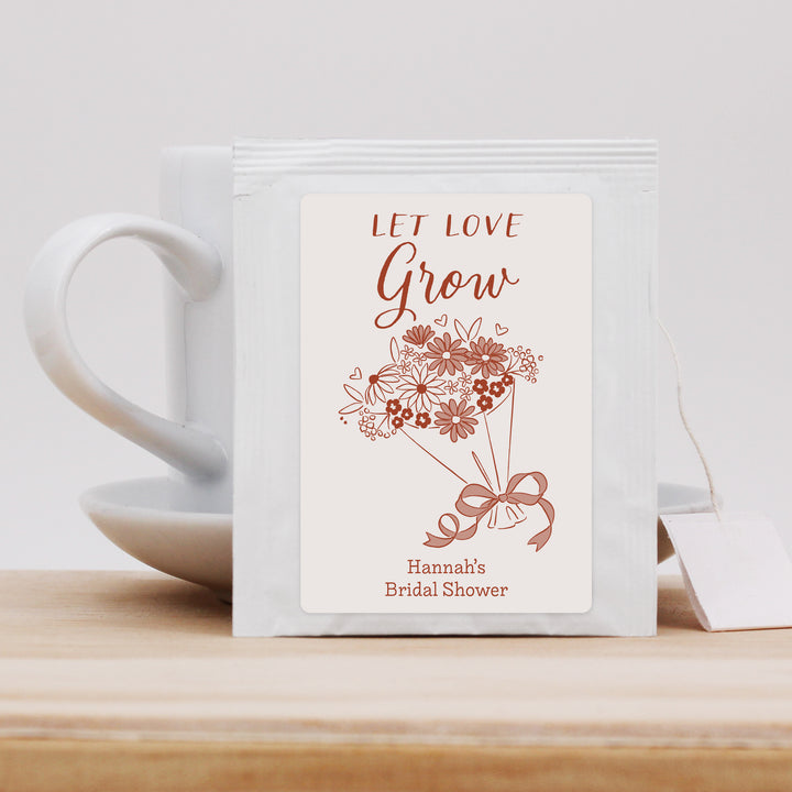 Love in Bloom Wedding Favor Tea, Bridal Shower Tea Party, Bouquet Sketch