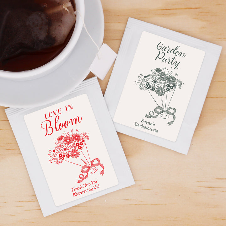Love in Bloom Wedding Favor Tea, Bridal Shower Tea Party, Bouquet Sketch