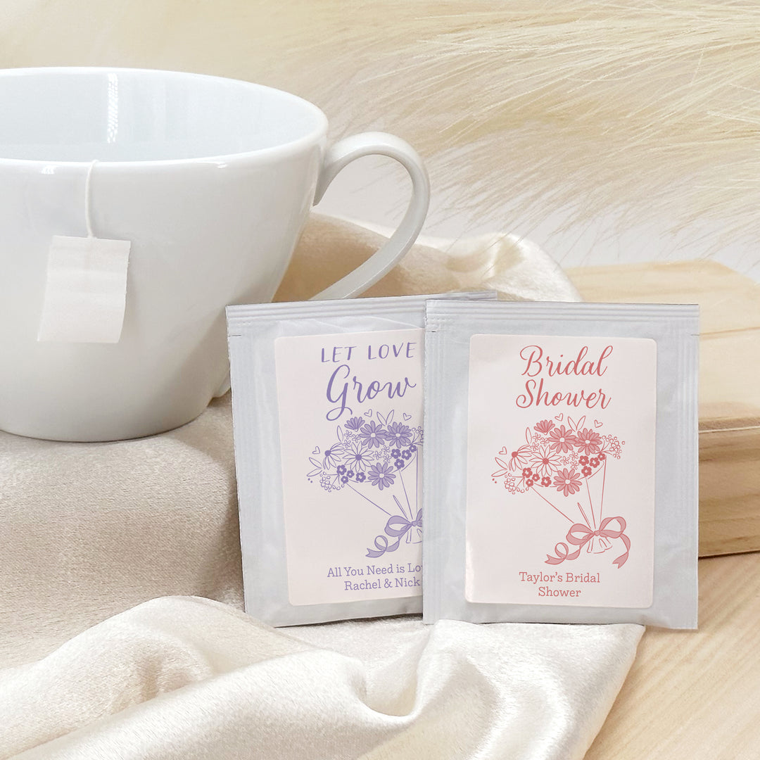 Love in Bloom Wedding Favor Tea, Bridal Shower Tea Party, Bouquet Sketch