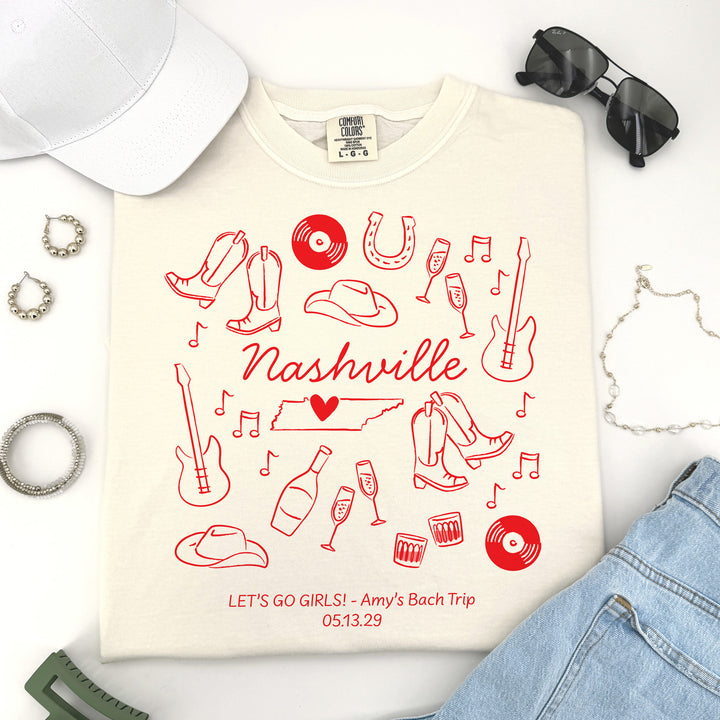 Nashville Bachelorette Doodle, Girls Trip, Two-Sided Design, T-Shirt