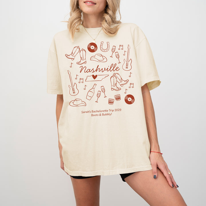 Nashville Bachelorette Doodle, Girls Trip, One-Sided Design on Front, T-Shirt