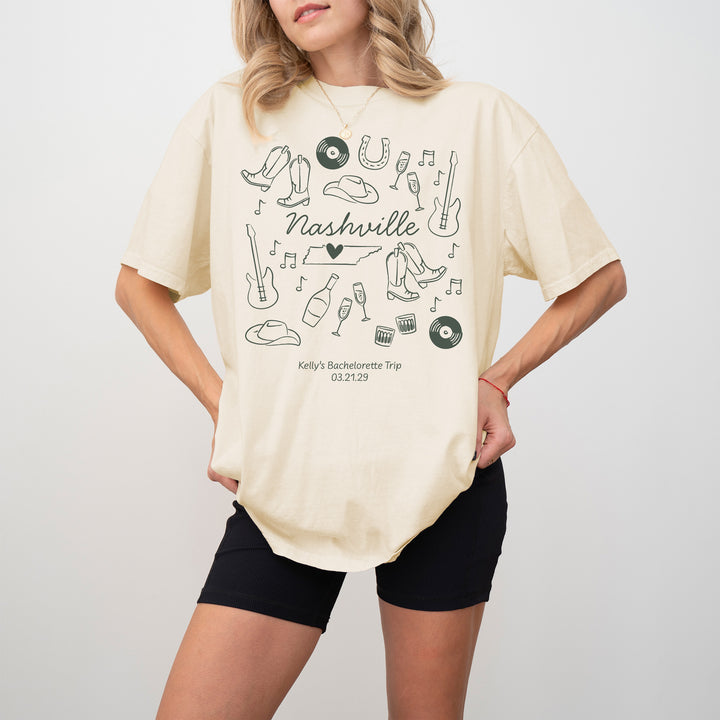 Nashville Bachelorette Doodle, Girls Trip, One-Sided Design on Front, T-Shirt