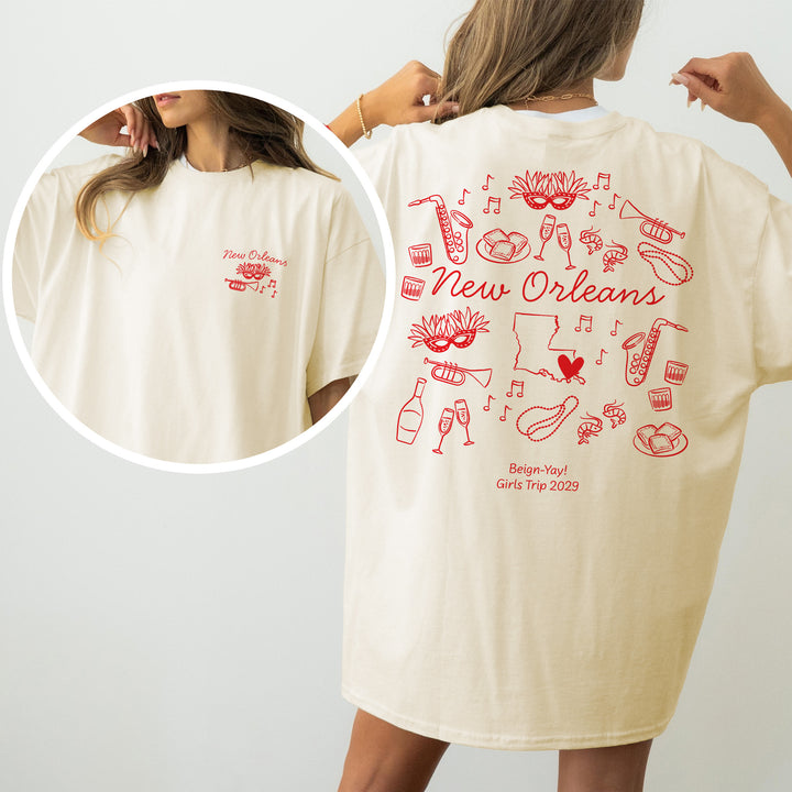 New Orleans Bachelorette Doodle, Girls Trip Tee, Two-Sided Design, T-Shirt