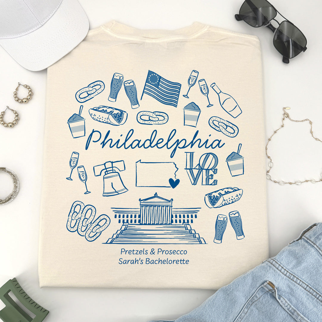 Philadelphia Bachelorette Doodle, Girls Trip Tee, Two-Sided Design, T-Shirt