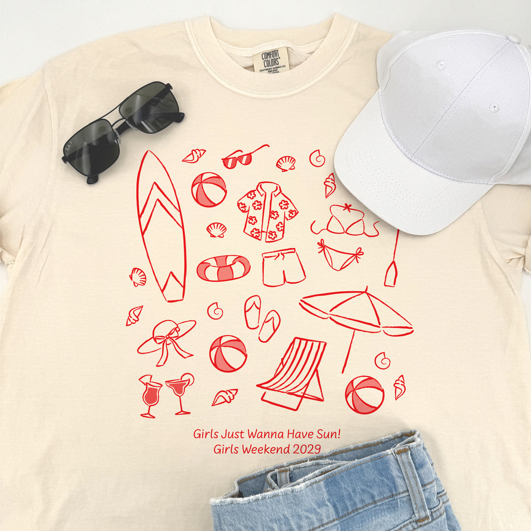 Beach Bachelorette Doodle, Girls Trip, One-Sided Design on Front, T-Shirt