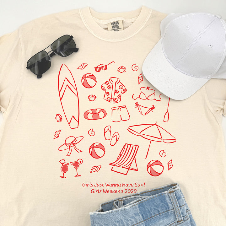 Beach Bachelorette Doodle, Girls Trip, One-Sided Design on Front, T-Shirt