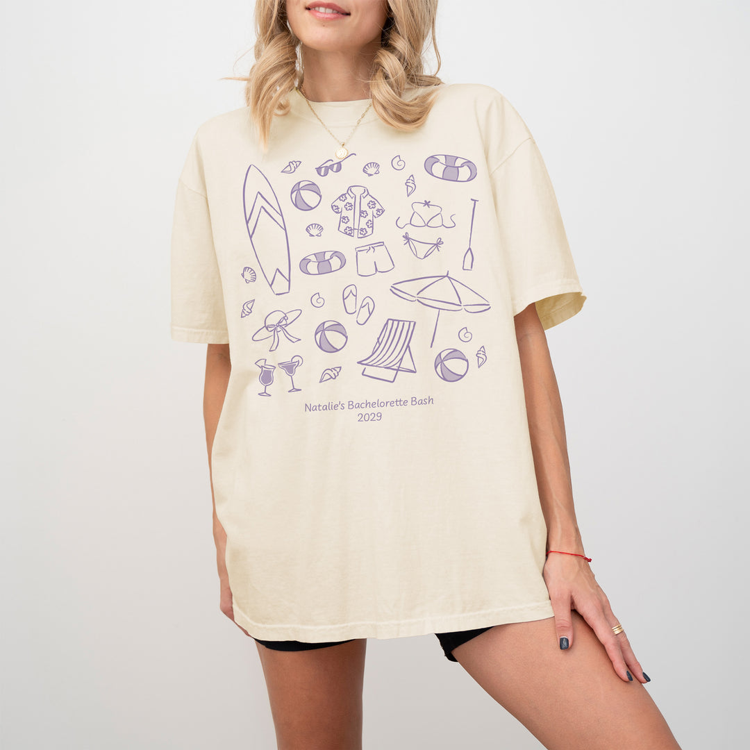 Beach Bachelorette Doodle, Girls Trip, One-Sided Design on Front, T-Shirt