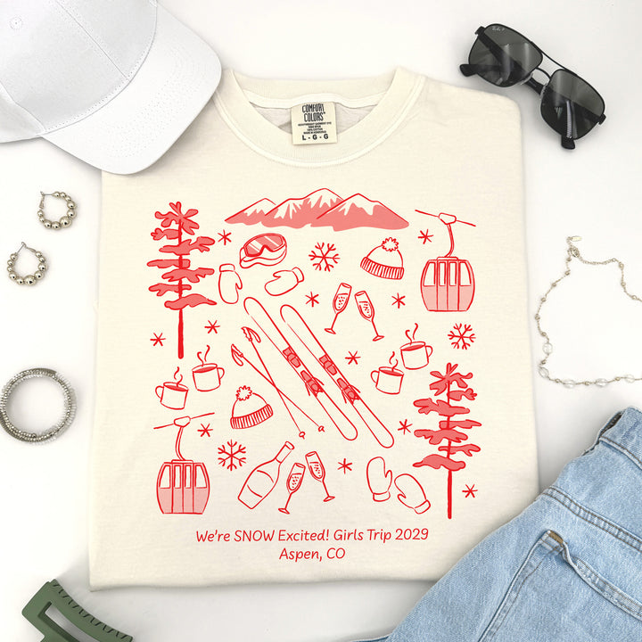 Ski Bachelorette Doodle, Girls Trip, One-Sided Design on Front, T-Shirt