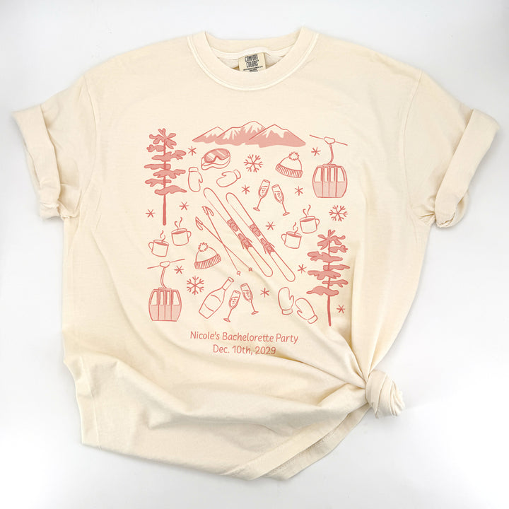 Ski Bachelorette Doodle, Girls Trip, One-Sided Design on Front, T-Shirt