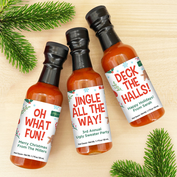 Hot Sauce Favor, Christmas Stocking Stuffers, Mini Hot Sauce Gift, 1.7 oz., Christmas Pattern