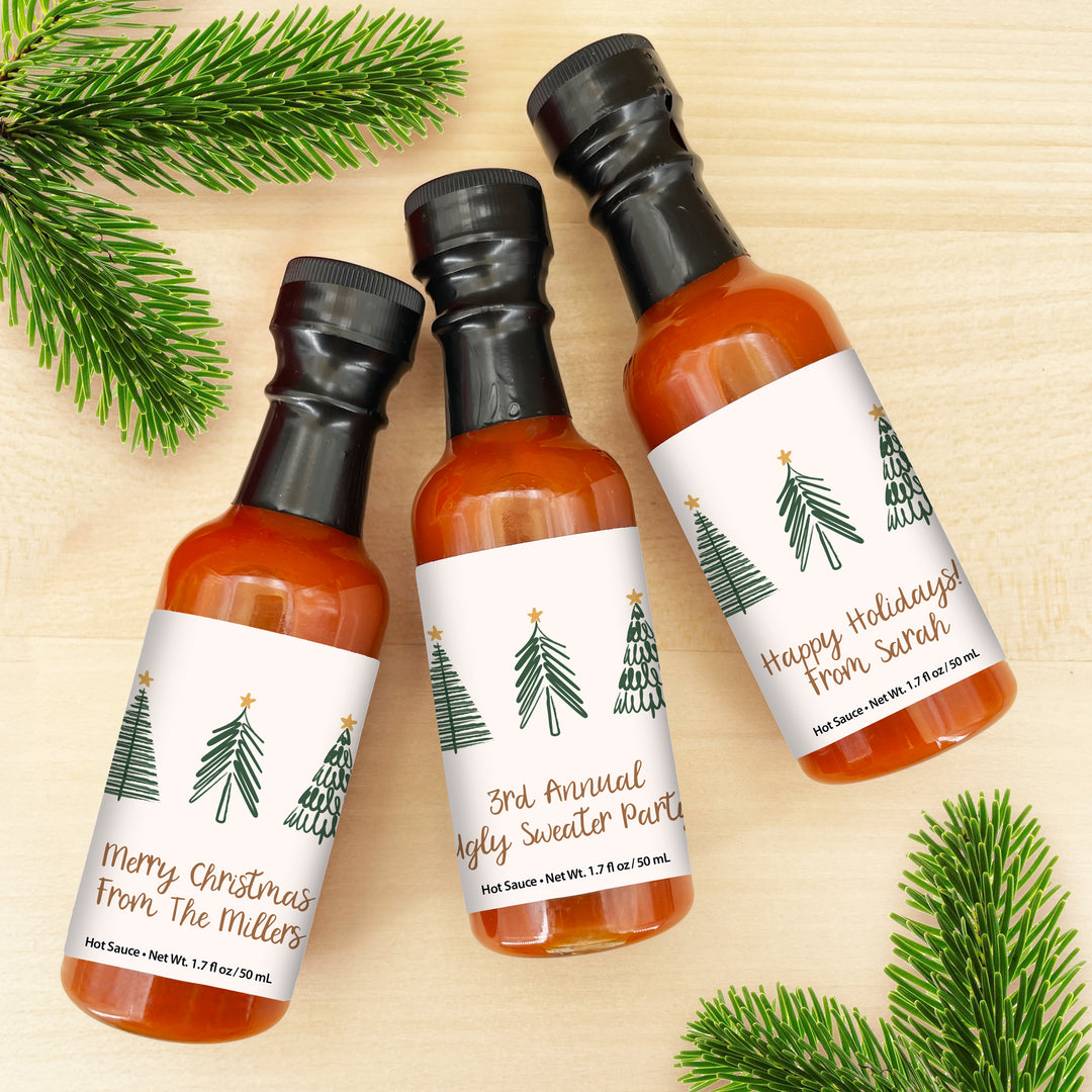 Hot Sauce Favor, Christmas Stocking Stuffers, Mini Hot Sauce Gift, 1.7 oz., Christmas Tree Doodles