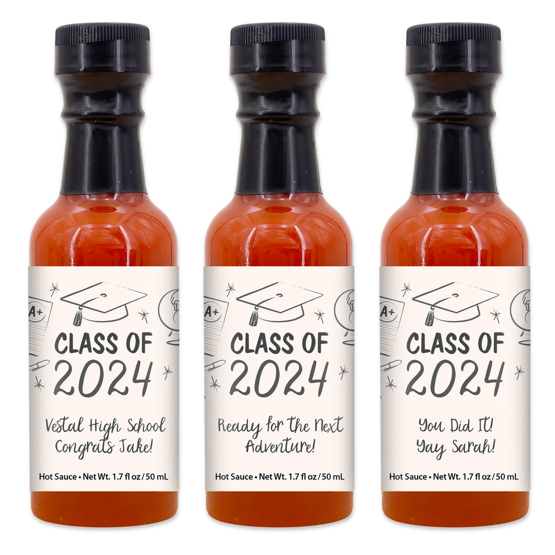 Hot Sauce Graduation Favors, Hand Drawn Grad Icon Pattern Sketch, 1.7 oz bottle of hot sauce