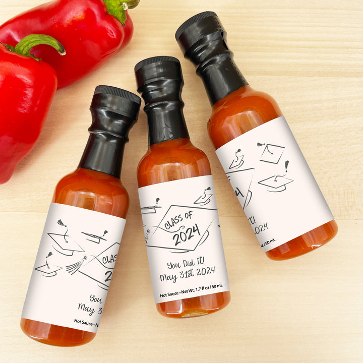 Hot Sauce Graduation Favors, Hand Drawn Cap Mortarboard Sketch, 1.7 oz bottle of hot sauce