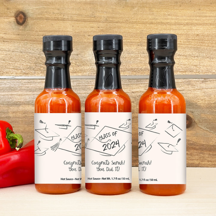 Hot Sauce Graduation Favors, Hand Drawn Cap Mortarboard Sketch, 1.7 oz bottle of hot sauce