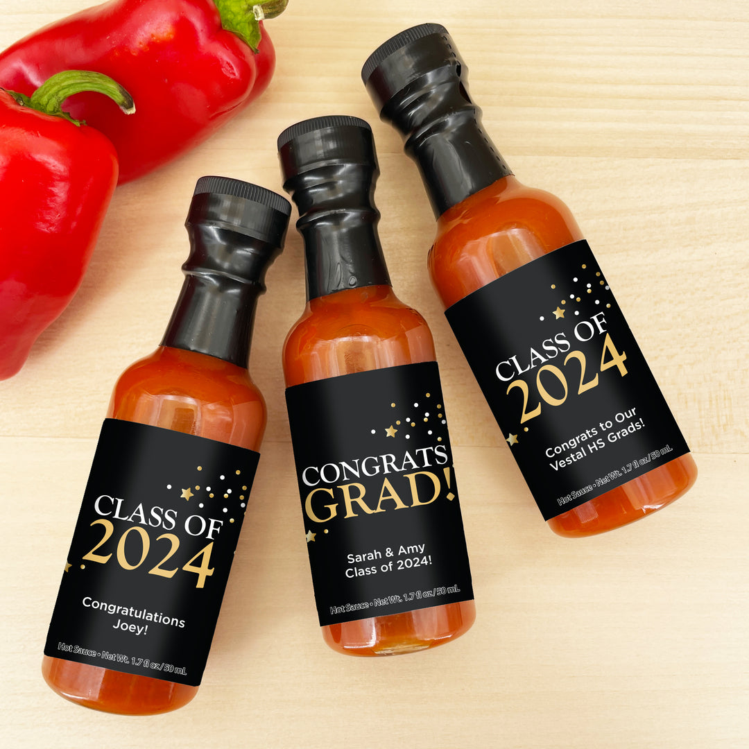 Hot Sauce Graduation Favors, Congrats Grad Confetti Stars, 1.7 oz bottle of hot sauce