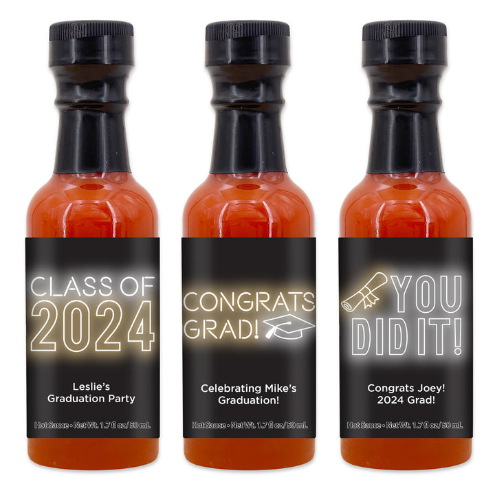 Hot Sauce Graduation Favors, Neon Disco Grad, 1.7 oz bottle of hot sauce