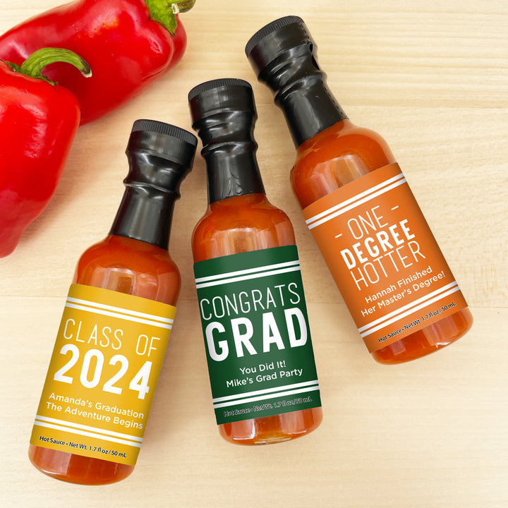 Hot Sauce Graduation Favors, School Color with Stripes, 1.7 oz bottle of hot sauce