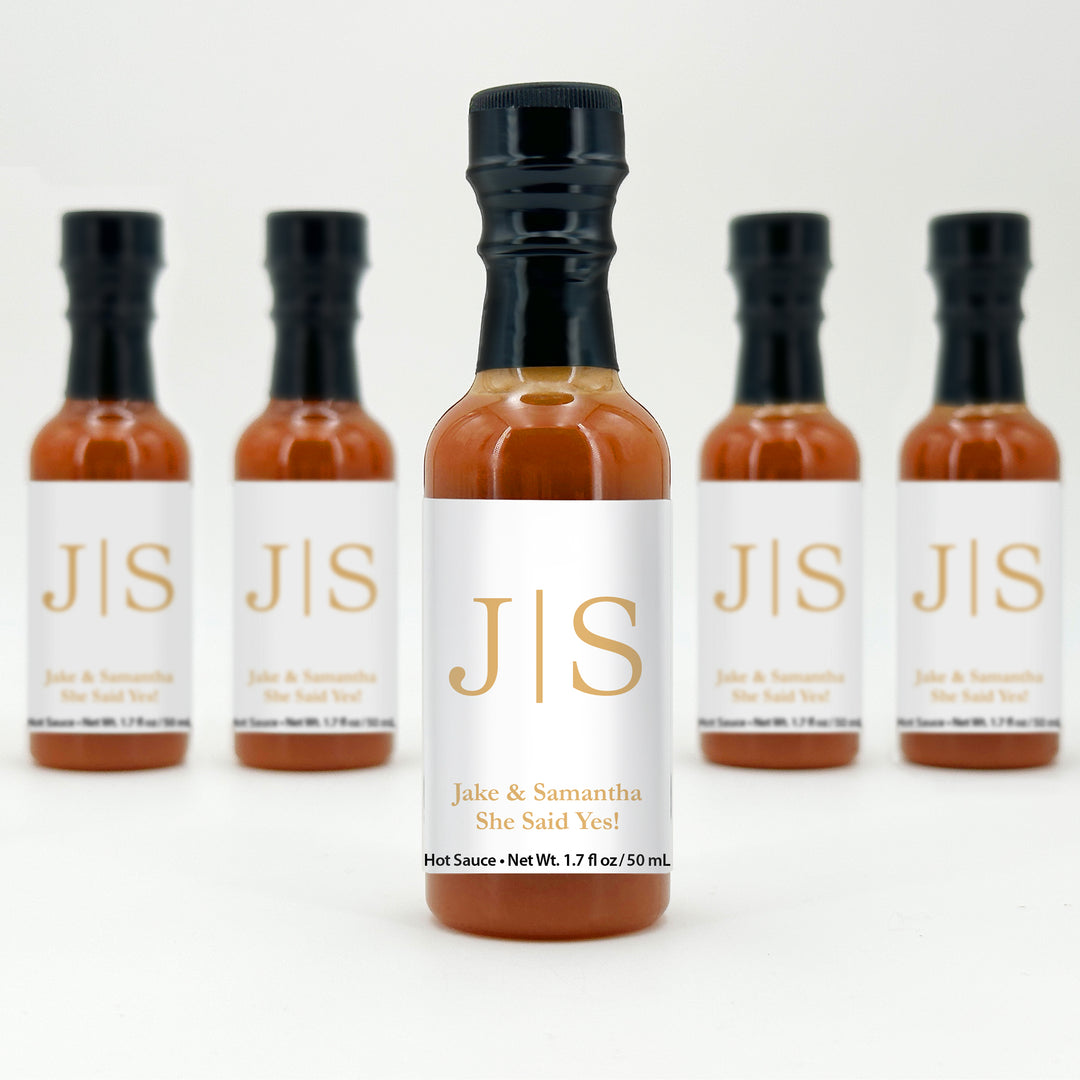 Hot Sauce Wedding Favors, Wedding Initials, Gold Monogram, 1.7 oz bottle of hot sauce