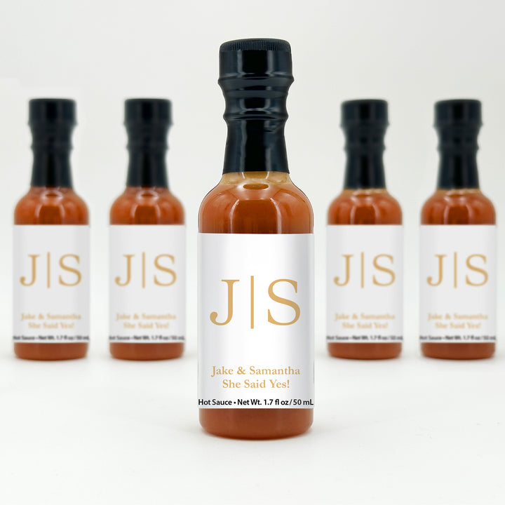 Hot Sauce Wedding Favors, Wedding Initials, Gold Monogram, 1.7 oz bottle of hot sauce