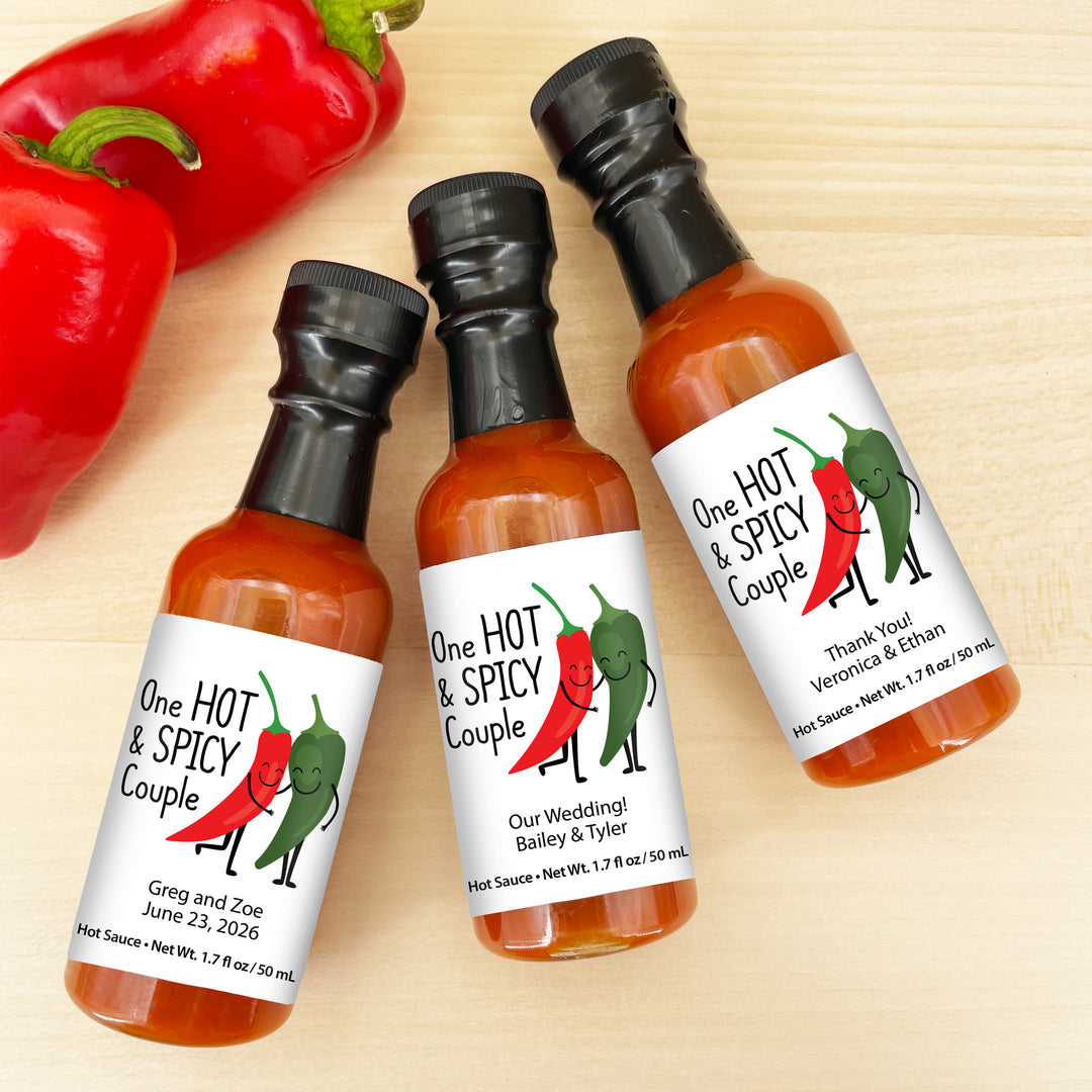 Hot Sauce Wedding Favors, Hot Sauce Gift, Mini Hot Sauce, Custom Hot Sauce, One Hot & Spicy Couple, Bulk Favors, 1.7 oz bottle of hot sauce