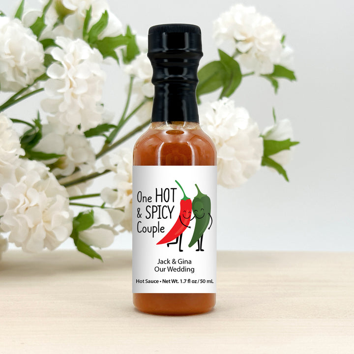 Hot Sauce Wedding Favors, Hot Sauce Gift, Mini Hot Sauce, Custom Hot Sauce, One Hot & Spicy Couple, Bulk Favors, 1.7 oz bottle of hot sauce