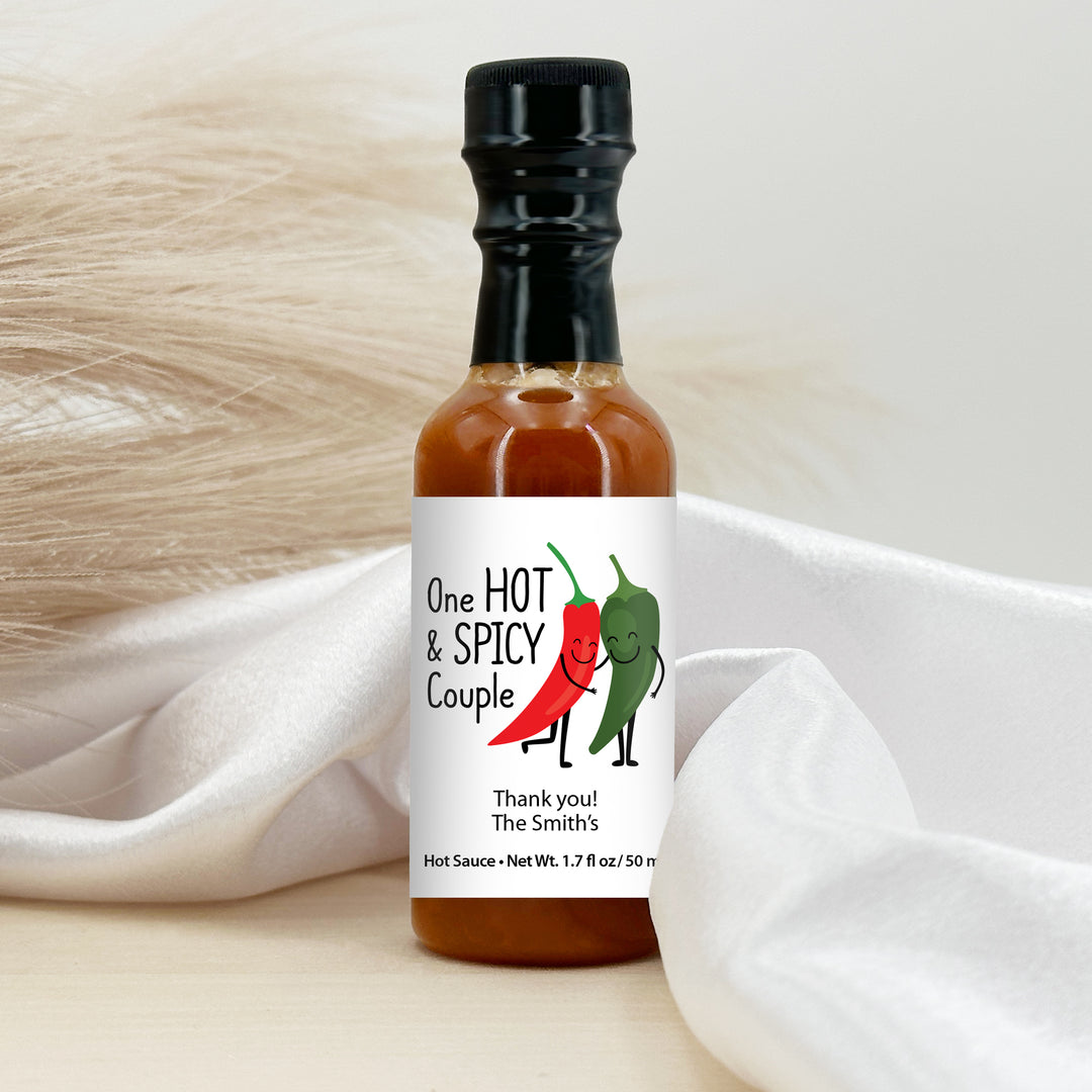 Hot Sauce Wedding Favors, Hot Sauce Gift, Mini Hot Sauce, Custom Hot Sauce, One Hot & Spicy Couple, Bulk Favors, 1.7 oz bottle of hot sauce