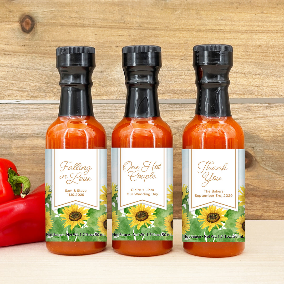 Hot Sauce Wedding Favors, Sunflower Themed Hot Sauce, 1.7 oz bottle of hot sauce