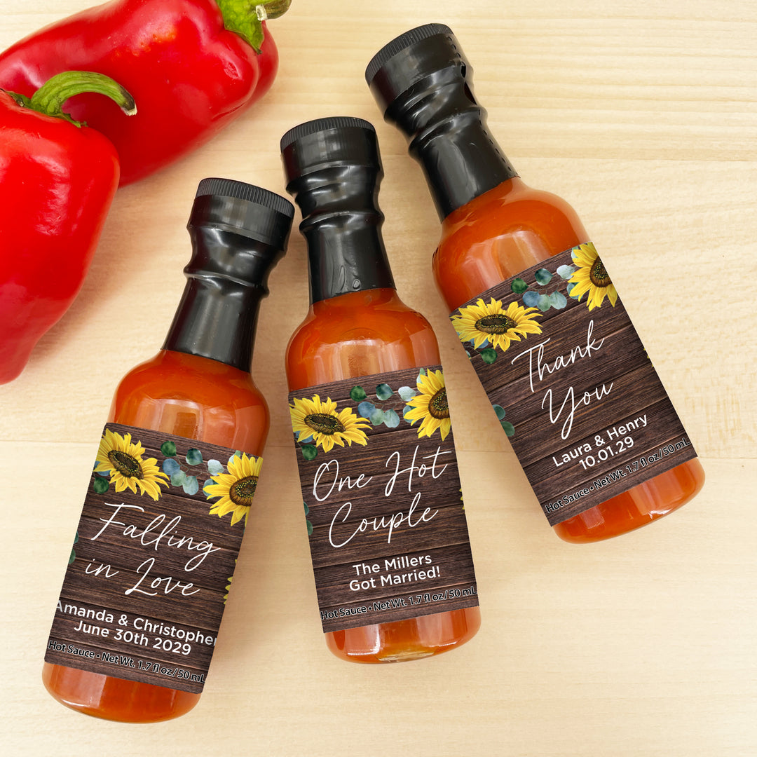 Hot Sauce Wedding Favors, Rustic Sunflower Themed Hot Sauce, 1.7 oz bottle of hot sauce
